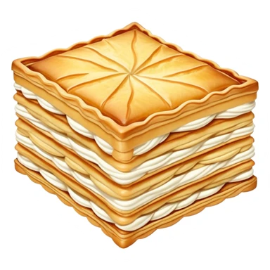 mille-feuille-cinematic-realistic-mille-feuille-dessert-emoji,-depicted-as-a-rectangular delicate-pastry-composed-of-two-crisp-layers-of-puff-pastry-with-a-rich-cream-filling,-rendered-with-intricate-textures-and-elegant,-soft-lighting. Please only show two layers only. sticker