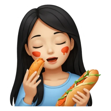 Girl black long hair eat kimchi close eyes baguette sticker