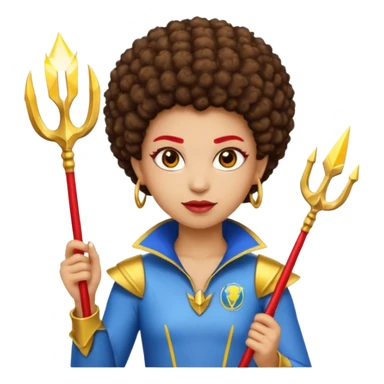 Emoji metisse femboy mais plus masculin avec drapeau ukrainien arriere plan, un afro, sourcils rouge, fourche trident, et eclairs et sur fond bleu clair irrisé. Peau lightskin, yeux marron et cheveux marron bouclés mais en mode afro pixi cut sticker