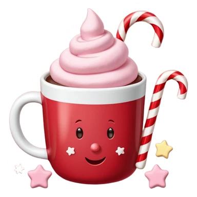 hot chocolate with pastel pink marshmallows in red christmas mug with stars and candy cane, trendy aesthetic sticker