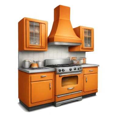 Isolated full length Realistic orange vintage retro kitchen range with cabinets and counters. sticker