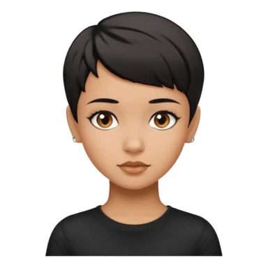 A girl with black short pixie haircut cut, dark brown eyes that almost look like black, caramel tone skin colour. Wearing a black t-shirt.  sticker