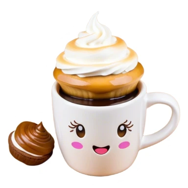 Crie um emoji no estilo do iOS 18 com uma caneca de café quente coberta com chantilly, com detalhes realistas e um design minimalista e polido. Além disso, crie um emoji de uma moça com cabelos longos e escuros, olhos amendoados castanho-escuro e vestindo um roupão branco. A expressão dela deve ser serena e acolhedora, transmitindo conforto e relaxamento. O estilo deve seguir o design moderno dos emojis do iOS, com cores suaves e detalhes bem acabados. sticker