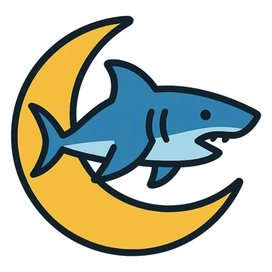 Make the shark swimming across the moon, keep the color outline icon style sticker