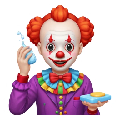 Clown dropping down to pick up soap sticker