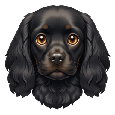 Cinematic Noble Black Cocker Spaniel Portrait Emoji, Poised and regal, with a sturdy build and a sleek, shiny black coat accented by subtle tan markings, deep-set soulful dark eyes, Simplified yet sharp and sophisticated features, highly detailed, glowing with a soft, dignified glow, high shine, intelligent and alert, stylized with an air of refinement, focused and attentive, soft glowing outline, capturing the essence of a watchful and confident companion, so majestic it feels as though it could trot out of the screen with effortless authority! sticker