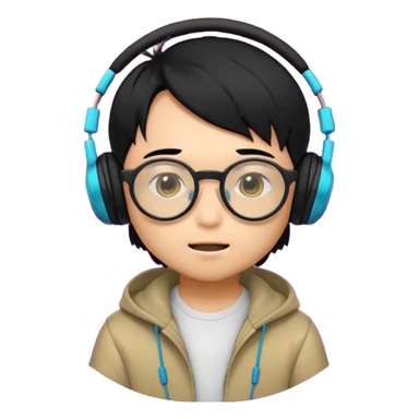 Chibi Japanese boy with black hair and round glasses, big headphones, vibing hard to electronic music, strong beat pulse lines around him, neon glow, exaggerated cartoon style, streaming emote. sticker