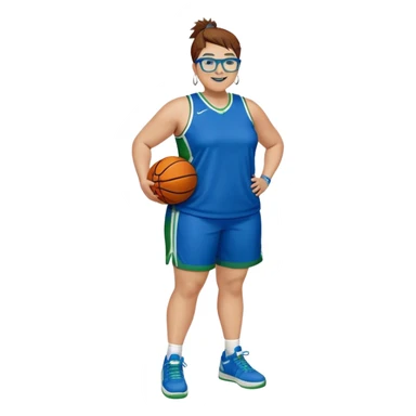 Full Body plus size white female basketball player with short medium brown hair with carmel highlights spikey hair wearing blue glasses 
 wide nose wearing blue green uniform  green sneakers smiling wearing silver hoop earrings sticker