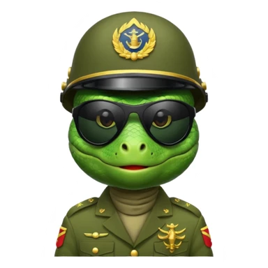 Lizard in military uniform with  black sunglasses and military helmet sticker