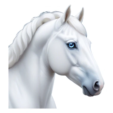 Cinematic Noble White Horse Portrait Emoji, Poised and regal, with a strong, athletic build and a pristine, well-groomed pure white fur, deep-set soulful blue eyes, Simplified yet sharp and sophisticated features, highly detailed, glowing with a soft, dignified glow, high shine, intelligent and majestic, stylized with an air of ethereal grace, focused and attentive, soft glowing outline, capturing the essence of a watchful and confident steed, so majestic it feels as though it could gallop out of the screen with effortless authority! sticker