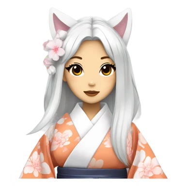 hime gyaru girl, kimono, white hair, kitsune mask sticker