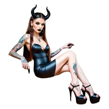 Sensual queen long brown straight haired mafia woman with black shiny platform high heels on her feet, black devil horns on her head, tattoos on arms , holding a human dead man skull. in the back seat of a large big new model F350 pickup truck full of cash wearing long sex dress with big butt sticker