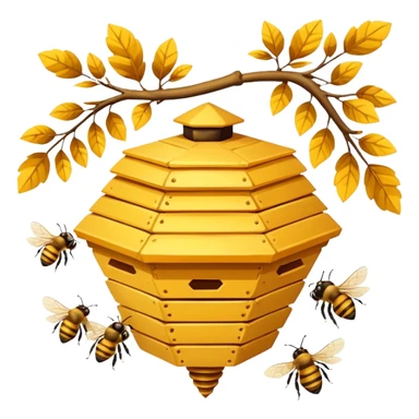 A small hive nestled between tree branches with worker bees. sticker