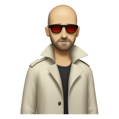 <excerpt>
A white man with real buzz cut Black hair, beard stubble donning small red tinted sun glasses in a dirty white trench coat, is serious.
</excerpt> sticker