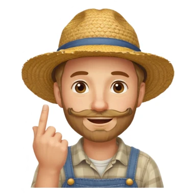 “A single emoji-style character combining 👨‍🌾😄 and 🤔: a smiling farmer man with a straw hat, friendly face, and light beard, holding one hand under his chin in a thinking gesture. His index finger rests under his face, eyes looking slightly upward as if thinking.  sticker