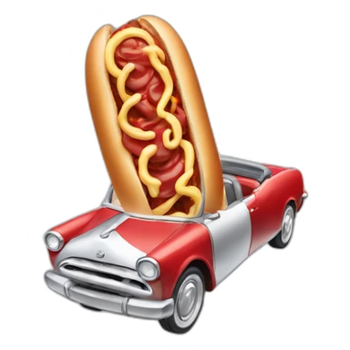 skyscraper dancing on a cloud with a top hat and a hotdog next to a red car sticker