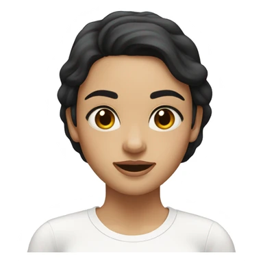 A woman with dark hair loose and hazel browm eyes, waering a white shirt and whit skin sticker