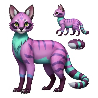 Colorful pale minty lilac onyx fruity glorious exotic neon vibrant zigzagged fantasy-caracal-civet-genet-sergal-vernid-Gryphon-Cacomistle-Trico-oncilla-animal-Fakémon-hybrid-fursona (full body), facial markings, (realism style) sticker