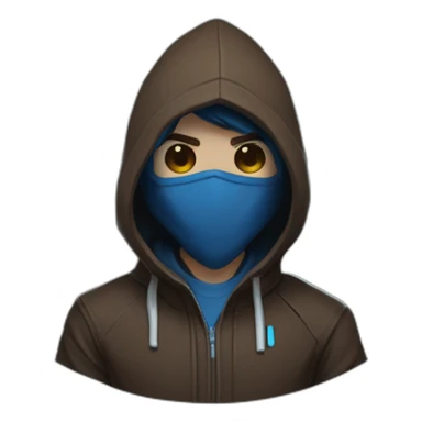Boy brown developer left side behind his laptop with this style: Valorant Riot Game blue character blue black hooded hacker  sticker