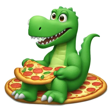 Green dinosaur eating a pizza whilst wearing pyjamas and fluffy white slippers sticker