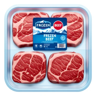 A vacuum-sealed plastic tray of frozen beef steaks, with visible frost and ice crystals on the meat surface. The label shows brand name, weight, and “Premium Beef Steaks.” The packaging has a transparent window revealing the red meat.  photorealistic food packaging. sticker