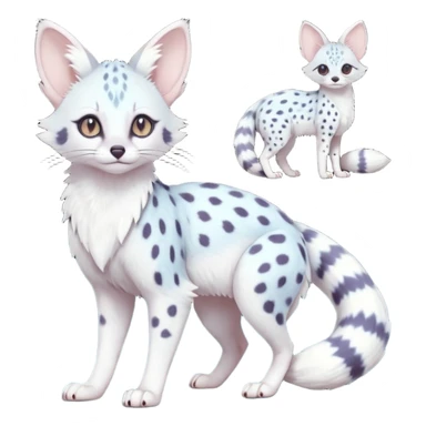 White Albino frosty snow-white whitish pastel-grey-spotted Serval-Civet-Genet-Trico-Furret-Linoone-Noibat-Espeon-Fakémon-Pokémon-animal-hybrid-fusion-creature (full body) with vibrant glowing eyes, cute, elegant, soft, realistic, pastel fur sticker
