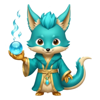 Chibi teal fox-dragon emoji with small antler horns, confident magical expression, gold mark on forehead, teal-gold robe, holding glowing blue water orbs, with dragon tail sticker