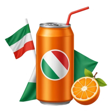 Orange Soda can with fruits on the cover and italian flag with a striped straw red and white  sticker