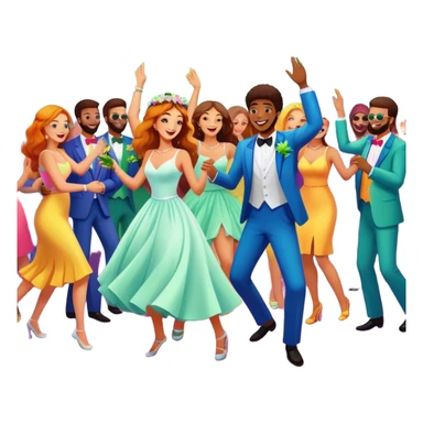 Wedding guests dancing on dance floor with cannabis, colorful party atmosphere, disco lights, cheerful cartoon style sticker