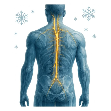 realistic human body with highlighted vagus nerve, rear view, detailed anatomy, vagus nerve path clearly visible, cold effect with blue shades and cold symbols, transparency on internal organs, white background sticker