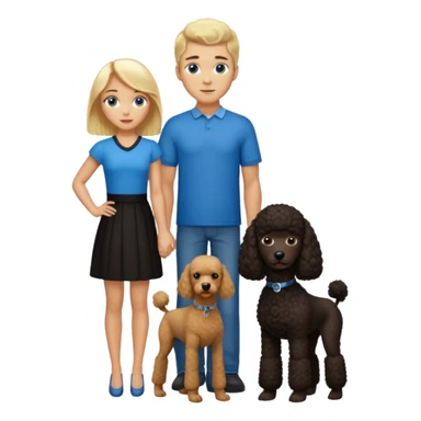 Create an emoticon depicting two people. One person is a tall man with blonde hair and blue eyes. The other is a shorter woman with dark brown hair, brown eyes and brown dark skin. Between them, there is a large black poodle standing. sticker