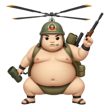 A fat sumo fighter holding a RPG with a army helmet and he’s hanging off a side of a helicopter  sticker