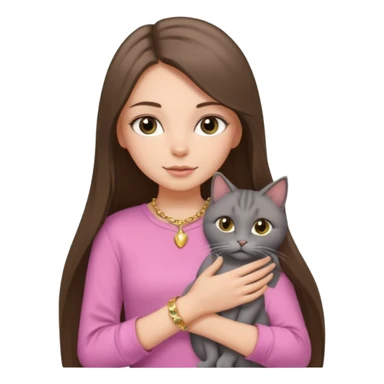 a white girl with brunette long straight hair holding a grey cat. the girl has long lashes and has on a pink shirt and gold jewelry. sticker