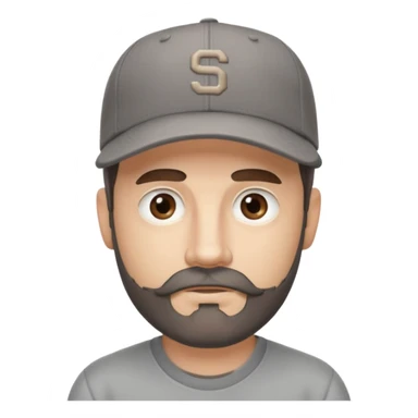 white male with dark brown goatee beard and moustache with grey tones wearing a grey baseball cap back to front with hazel eyes sticker