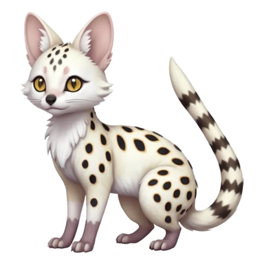 White Albino grey-spotted Serval-Civet-Genet-Trico-Furret-Linoone-Fakémon-Pokémon-animal-hybrid-fusion-creature (full body) with vibrant glowing eyes, cute, elegant, soft, realistic, pastel fur sticker