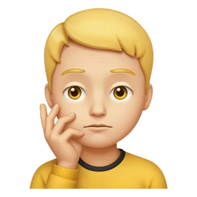 a detailed 3D render of a thoughtful face emoji, yellow round face with raised eyebrows, one hand touching chin, expressive eyes, digital art style, clean background sticker
