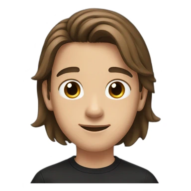 a teenager boy with big brown eyes and middle part, long, coiled brown hair, wearing a black t-shirt with white airpods sticker
