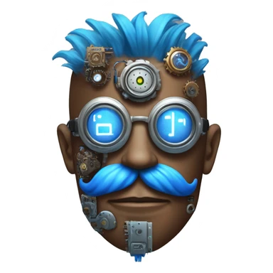 Brown cyborg head with blue Mohawk, blue beard, silver steampunk monocle goggles a smile and circuits sticker