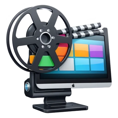 Create a vibrant and modern icon representing Animation and Motion Design, featuring elements like a film reel, a computer screen, dynamic motion lines, and a cinematographic film strip on an editing table. The design should be colorful, and dynamic, without any emojis. The background's transparent. sticker