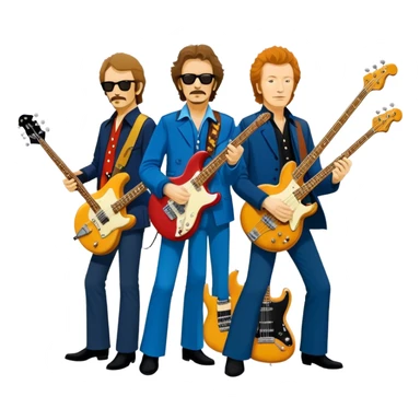 Icon for Blues Rock: collage of the band Cream, with silhouettes of the members (Eric Clapton, Jack Bruce, Ginger Baker) and symbolic items like guitars, drums, and bass. The design should convey the powerful, energetic vibe of the band's music. Transparent background. sticker