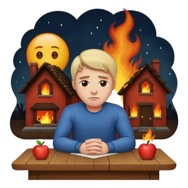 a man sits sadly at a table, a house burning at night behind him, apple style emoji sticker