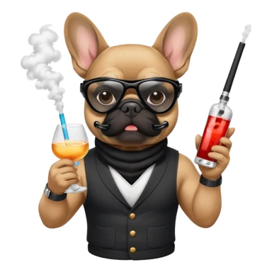 A French bulldog with a vodka and vape  sticker