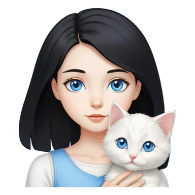 Chica con pelo negro hasta los hombros con gatito blanco con ojos celestes  sticker