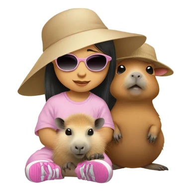 Asian baby girl with hat and sunglasses with capybara  sticker