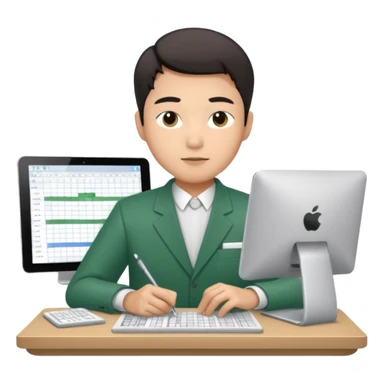 asian man doing spreadsheets on computer sticker