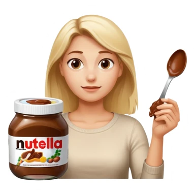 Nutella with a spoon. The glas of Nutella is almost empty . Only the one carriage of Nutella. Next to the Nutella is the head of a blond woman who is looking forward to eat the Nutella  sticker