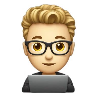 Cute programmer on his laptop, white skin, looking front, with a quiff sticker