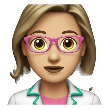 Female coding teacher featuring a laptop. She has long brunette hair, green eyes, white skin, teal eye glasses, rose lips, and a pink feminine shirt sticker