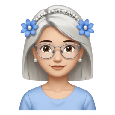  Emoji of a smiling girl with neck-length straight brown hair, fair tan skin, brown eyes, soft black brows, wearing silver glasses, pearl earrings, white hair clips, and blue flowers in her hair. She's in a clean white dress or shirt, with a soft clean girl aesthetic on a white background sticker