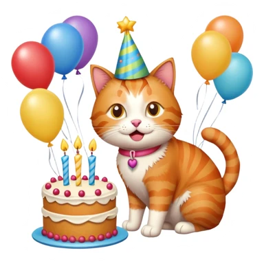 Ginger cat celebrates birthday, birthday hat, birthday cake, balloons, happy, gifts sticker